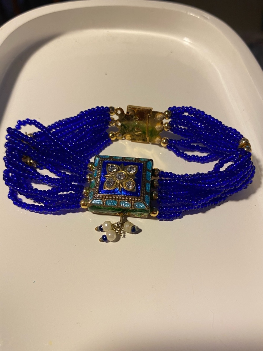 Bollywood Blue Beaded Multi-Strand Bracelet gold with enamel centerpiece